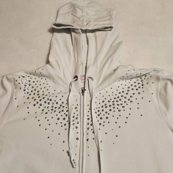 Quacker Factory EUC Rhinestone Embellished Zip Front Hoodie Light Gray Size Medi - Picture 4 of 9